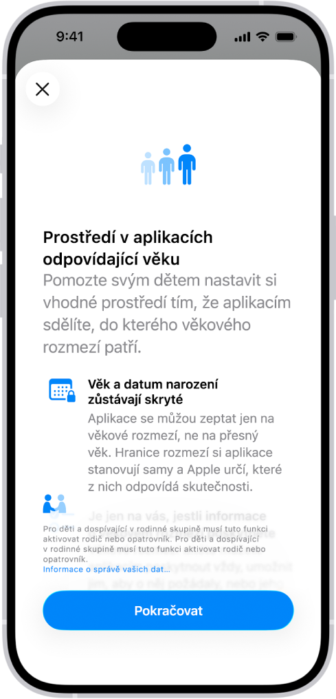 Obrazovka „Prostředí v aplikacích odpovídající věku“ v Nastavení, která vysvětluje, jak dětem pomoct získat vhodné aplikace pomocí sdělení jejich věkového rozmezí
