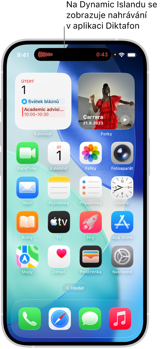 Plocha iPhonu 14 Pro s indikací živého nahrávání hlasového záznamu na panelu Dynamic Island u horního okraje obrazovky