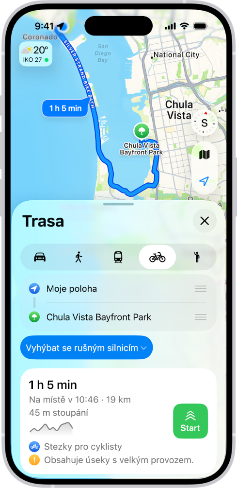 Mapa se zobrazenými volbami cyklistické trasy. Na kartě trasy v dolní části se zobrazují podrobné informace – odhadovaná doba jízdy, výškový profil a typy cest. Vpravo od podrobných informací je umístěné tlačítko Začít.