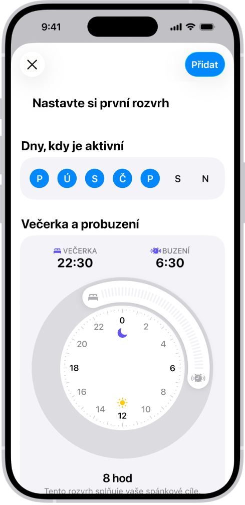 Obrazovka „Nastavte si první rozvrh“ v aplikaci Zdraví s oddílem „Dny, kdy je aktivní“ a časy večerky a ranního buzení.