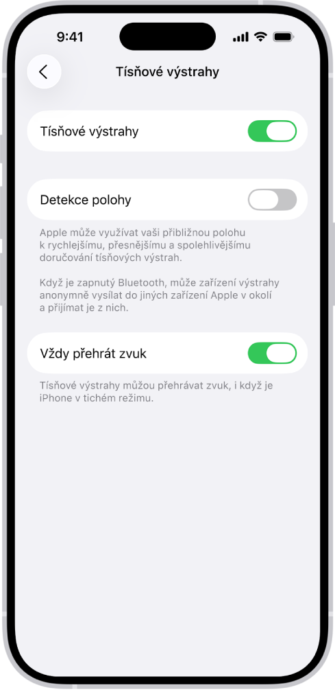 Obrazovka Tísňové výstrahy se zapnutými volbami Tísňové výstrahy, Detekce polohy a Vždy přehrát zvuk