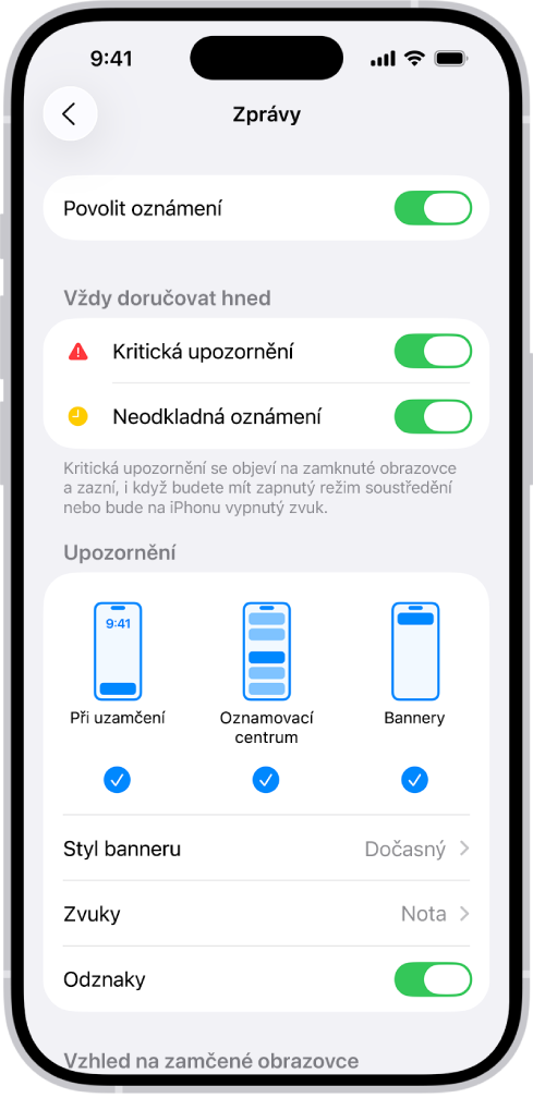 Volby oznámení o zprávách v aplikaci Nastavení