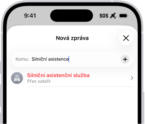Nová zpráva se slovem „silniční“ v poli adresy. Pod ním se zobrazuje odkaz na silniční asistenční službu přes satelit.