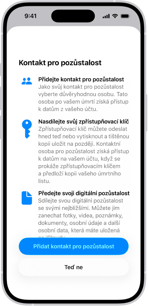 Obrazovka „Přidat kontakt pro obnovení“ s návrhy kontaktů, které můžete vybrat jako kontakty pro obnovení, a s volbou umožňující vybrat jiný kontakt
