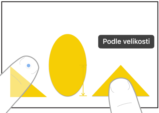 Dva prsty (každý na jiné ruce) v aplikaci Freeform vybírají a nastavují velikost jedné položky podle druhé
