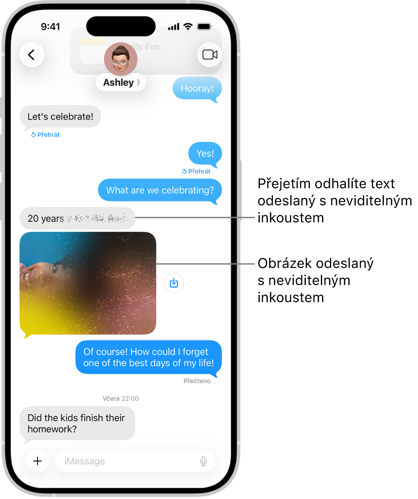 Konverzace v aplikaci Zprávy s textovou zprávou a fotkou odeslanou s efektem neviditelného inkoustu