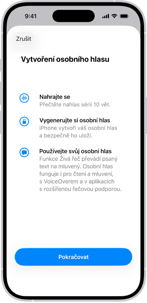 Na iPhonu se zobrazují informace o tom, jak si vytvořit osobní hlas
