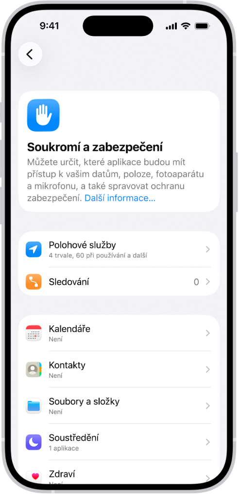 Obrazovka Soukromí a zabezpečení v Nastavení.