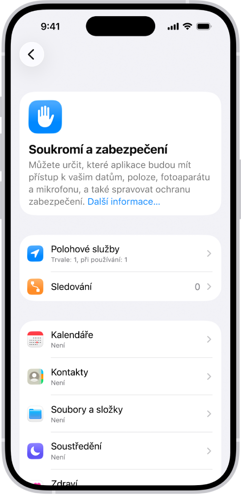 Obrazovka Soukromí a zabezpečení s nastavením polohových služeb a sledování a s nastavením, které aplikace mohou přistupovat k vašim datům.