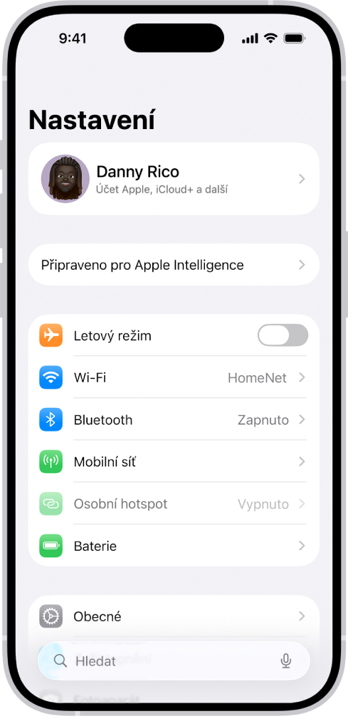 Obrazovka Nastavení s polem hledání u horního okraje a několika volbami pod ním – například Wi-Fi, Oznámení nebo Zvuky a haptika