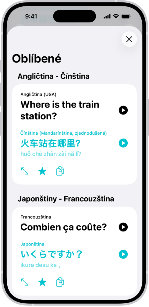 Panel Oblíbené s uloženými frázemi přeloženými z angličtiny do čínštiny a z francouzštiny do japonštiny