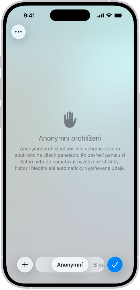 Obrazovka anonymního prohlížení v aplikaci Safari. V poli u dolního okraje displeje se zobrazuje slovo Anonymní.