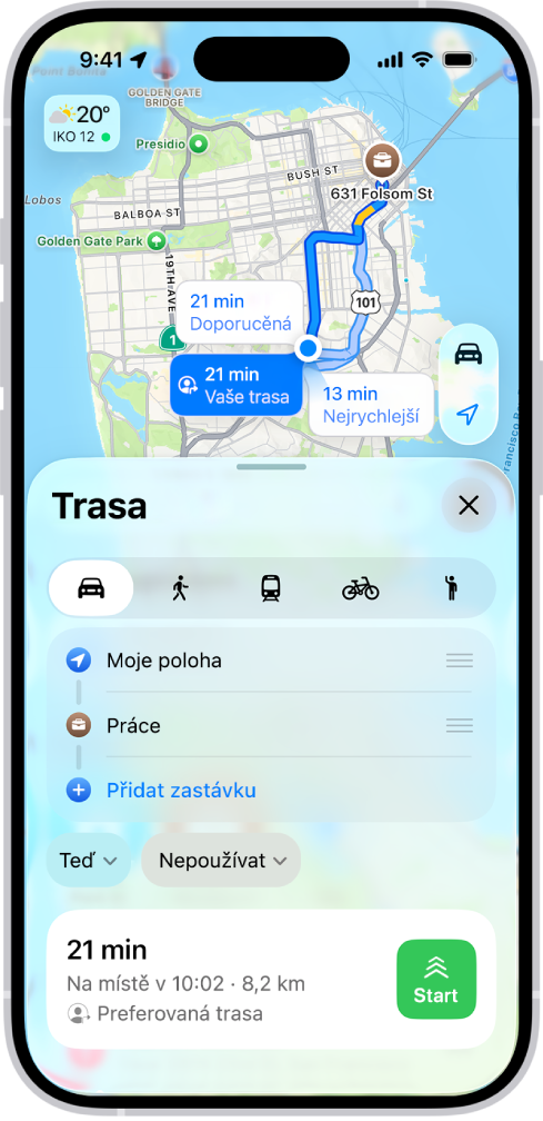 iPhone zobrazuje mapu s několika možnostmi trasy jízdy do stejné destinace. U každé trasy je uveden odhadovaný čas a vzdálenost a tlačítko Go pro spuštění navigačních pokynů. Barevné kódování na každé trase označuje dopravní podmínky.