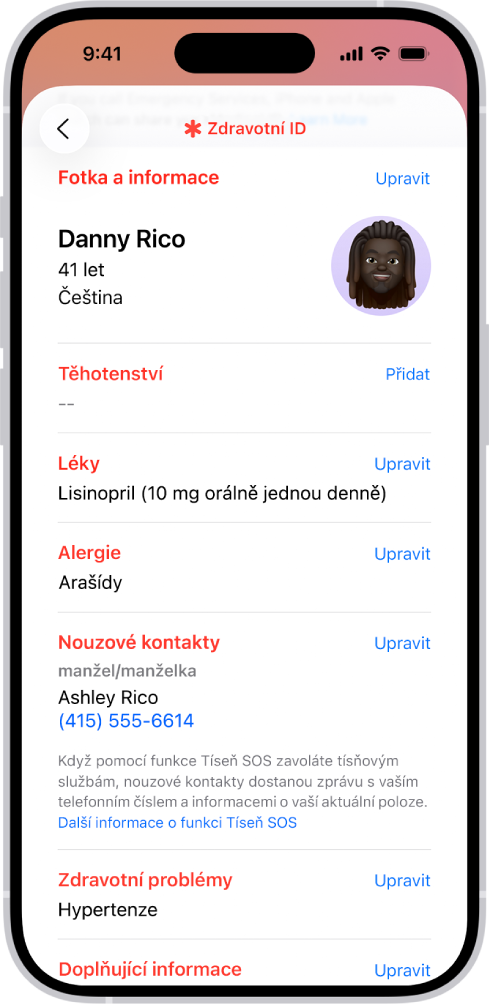 Zdravotní ID s přehledem informací včetně data narození, léků, alergií, kontaktů pro případ nouze a zdravotních problémů.
