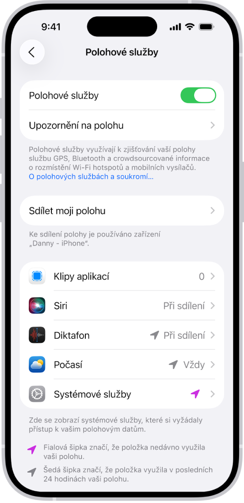 Obrazovka Polohové služby s nastavením sdílení polohy iPhonu s aplikacemi.