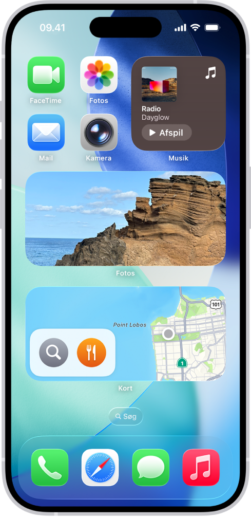 Widgets til Fotos, Kort og Musik på hjemmeskærmen på iPhone. Widgetten Musik viser interaktive funktioner.