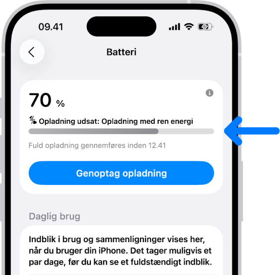 Korter med opladningsoplysninger i indstillingerne til Batteri på iPhone. Kortet viser batteriet på 70 % med beskeden ”Opladning på pause: Opladning med ren energi”. Opladningen er planlagt til at slutte kl. 12:41, og muligheden ”Genoptag opladning” vises.