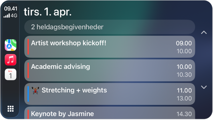 CarPlay, der viser Kort, Musik og Kalender i indholdsoversigten. Til højre er begivenhederne for mandag den 5. juni: Arbejdssession om portefølje, workshop om ledelseskompetencer, forberedelse af præsentation og kor.