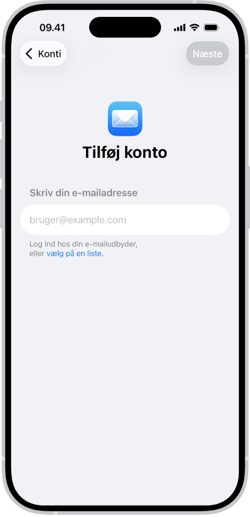 Skærmen Tilføj konto med et felt, hvor du kan skrive din e‑mailadresse.
