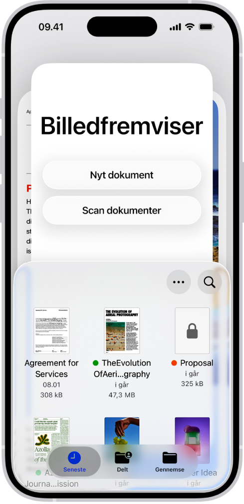 Hovedskærmen i appen Billedfremviser. Knapperne Nyt dokument og Scan dokumenter er i midten af skærmen. Nederst på skærmen er fanerne Seneste, Delt og Gennemse.