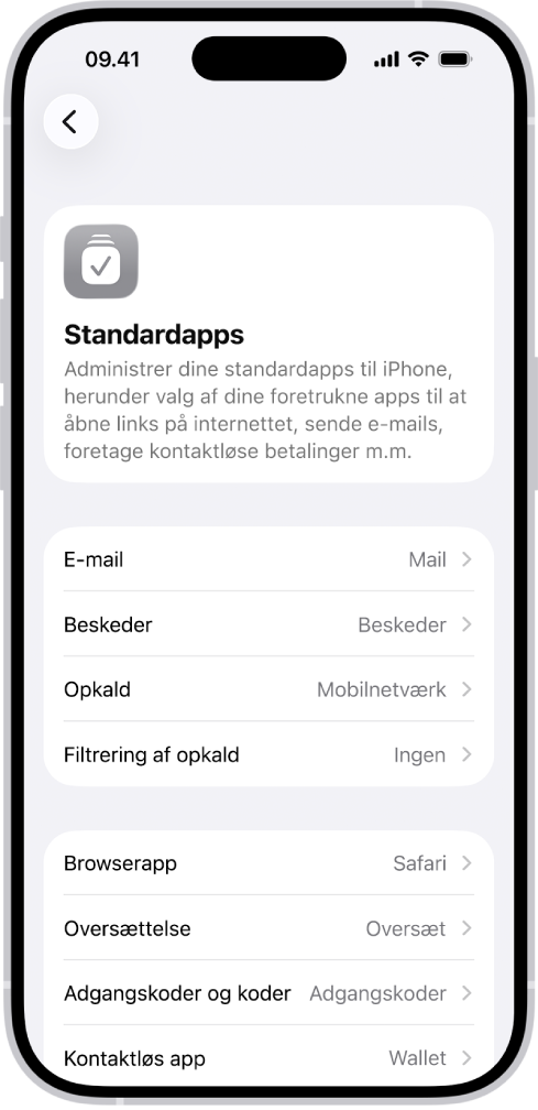 Skærmen, hvor du ændrer standardapps til e-mail, søgning på internettet m.m.
