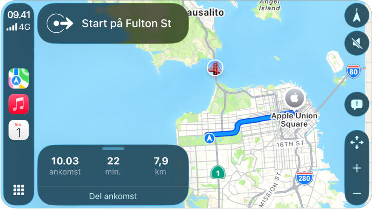 CarPlay, der viser Kort, Musik og Kalender i indholdsoversigten. På højre side er der en navigationsrute fra Apple Park til Apple Union Station.