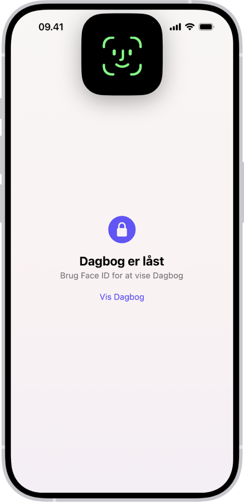 En skærm, der beder dig om at bruge Face ID til at låse din dagbog op.