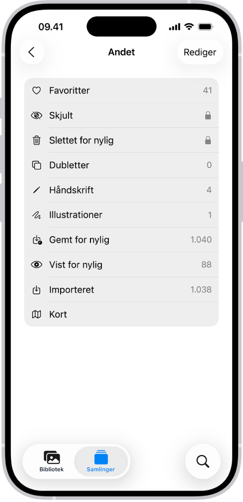 Samlingen Andet er åben i appen Fotos og viser en liste over samlinger af fotos.