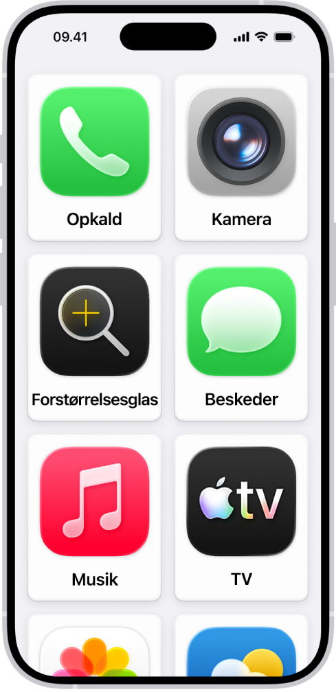 En iPhone, der viser hjemmeskærmen til Let tilgængelighed med et stort net af apps.