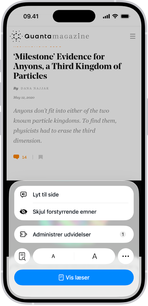 Et websted er åbent i Safari. Knappen Sidemenu er valgt, og lytteindstillinger vises.