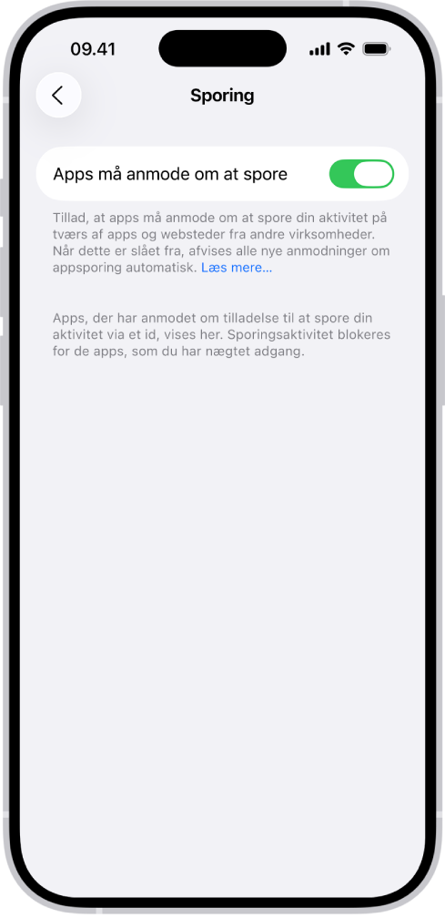 Skærmen Sporing med en indstilling til at styre, om apps kan anmode om at spore dig på tværs af websteder eller apps, der ejes af andre virksomheder.
