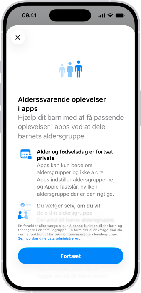 Skærmen Alderssvarende oplevelser i apps i Indstillinger, der forklarer, hvordan du hjælper børn med at få alderssvarende oplevelser i apps ved at dele deres aldersgruppe.