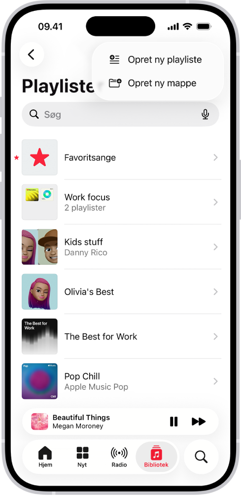 Fanen Bibliotek, der viser en liste over playlister. Øverst vises knapper til at oprette en ny playliste eller ny mappe.