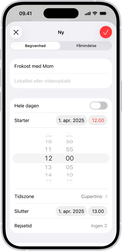 En kalenderbegivenhed med indstillinger til klokkeslæt og tidszone for begivenheden.