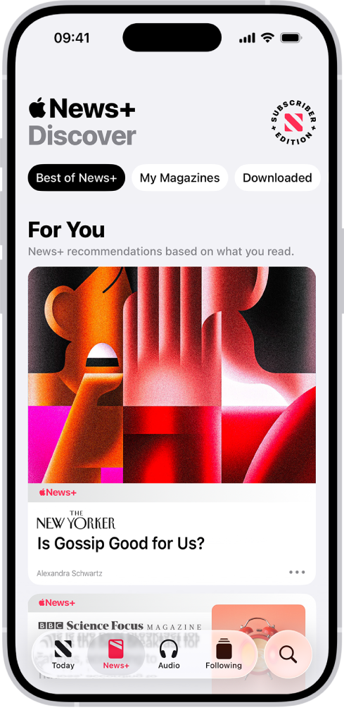 Eine Story eines Magazins in Apple News+. In den Tabs am unteren Rand ist „News+“ ausgewählt.