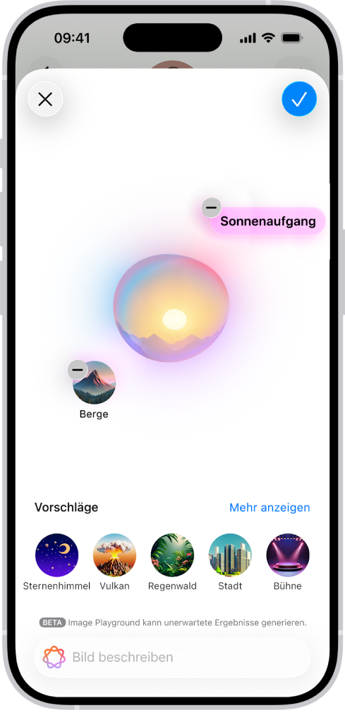 Das Fenster „Image Playground“ in der App „Nachrichten“ zeigt einen erstellten Hintergrund an.