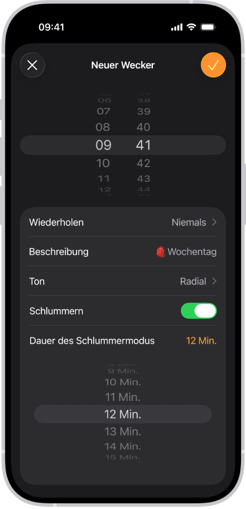 Der Bildschirm „Wecker hinzufügen“ in der App „Uhr“. Die Schlummertaste ist aktiviert und die Schlummerdauer wurde auf eine eigene Zeit von 12 Minuten festgelegt.