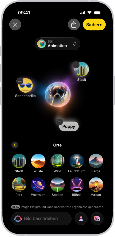 Das Fenster der App „Image Playground“ zeigt ein erstelltes Bild eines Hundes, der eine Sonnenbrille trägt.
