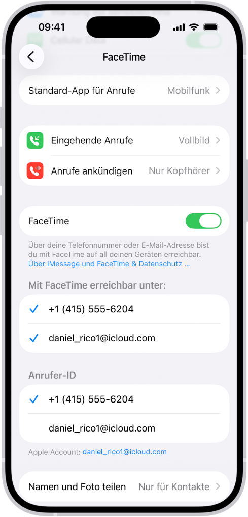 Der Bildschirm „Einstellungen“ in FaceTime mit der Option „Standard-App für Anrufe“, dem Steuerelement zum Aktivieren und Deaktivieren von FaceTime und dem Apple Account, der für FaceTime verwendet wird.