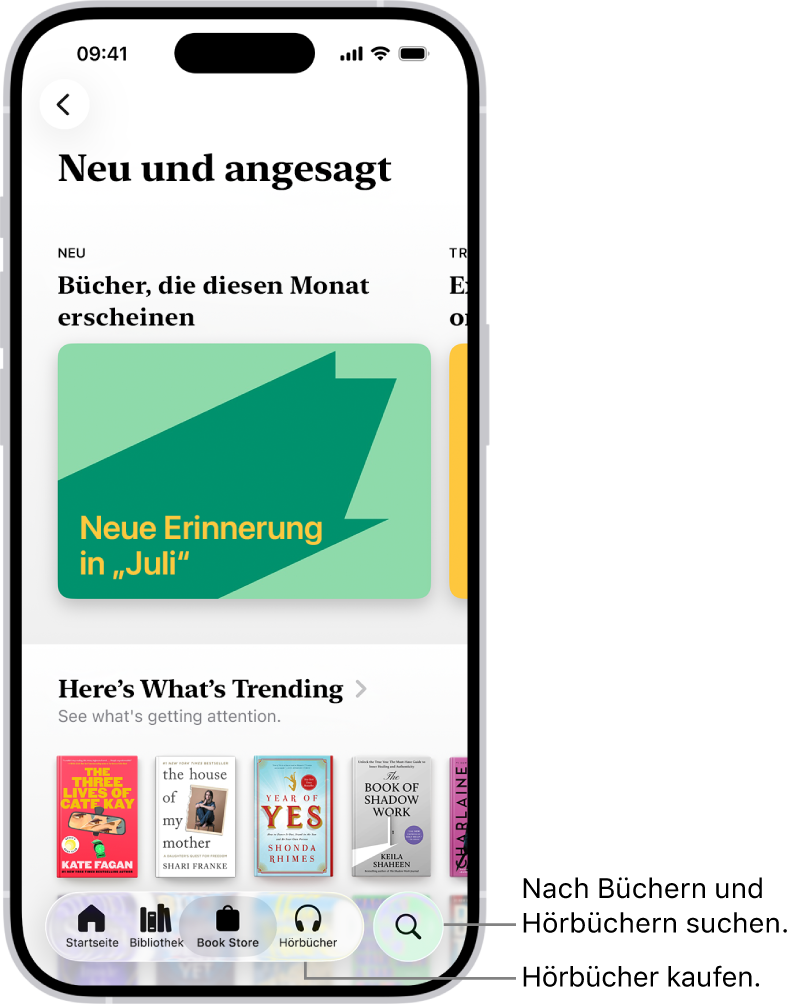Der Bildschirm „Book Store“ in der App „Bücher“. Unten auf dem Bildschirm sind von links nach rechts die Tabs „Home“, „Bibliothek“, „Book Store“, „Hörbücher“ und „Suchen“ zu sehen. Der Tab „Book Store“ ist ausgewählt.