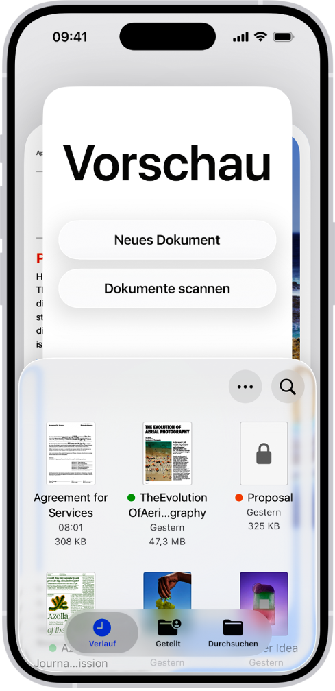 Der Dokumentbrowser in „Vorschau“. In der Mitte des Bildschirms befinde sich die Tasten „Neues Dokument“, „Dokumente scannen“, „Mehr“ und „Suchen“. Unten auf dem Bildschirm werden die Tasten „Zuletzt“, „Teilen“ und „Durchsuchen“ angezeigt.