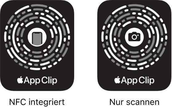 Links ist ein NFC-integrierter App Clip-Code mit einem iPhone-Symbol in der Mitte zu sehen. Rechts ist ein scanbarer App Clip-Code mit einem Kamerasymbol in der Mitte zu sehen.