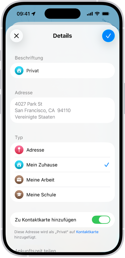Die App „Karten“ zeigt den Bildschirm „Informationen“ mit Optionen zum Festlegen einer Adresse für Privat, Arbeit oder Schule.