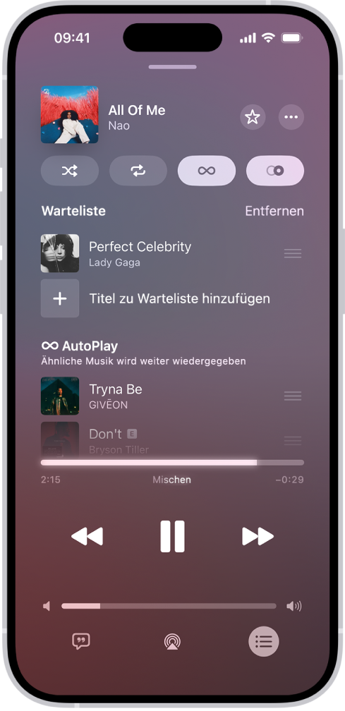 Der Bildschirm „Jetzt läuft“ zeigt die Warteschlange mit den aktivierten Funktionen „Automatische Wiedergabe“ und „AutoMix“. Ähnliche Titel werden unter den Musiktiteln der Warteschlange angezeigt.