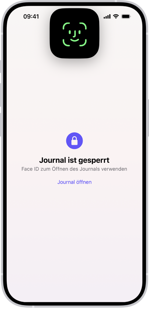 Ein Bildschirm fordert dich auf, Face ID zum Entsperren des Journals zu verwenden.