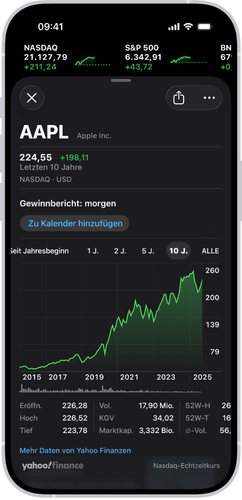 In der Mitte des Bildschirms zeigt ein Diagramm den Verlauf für eine Aktie über die letzten zehn Jahre. Über dem Diagramm befindet sich eine Mitteilung, dass das Unternehmen seinen Gewinnbericht morgen teilen wird, zusammen mit einer Taste, um das Ereignis zu „Kalender“ hinzuzufügen.