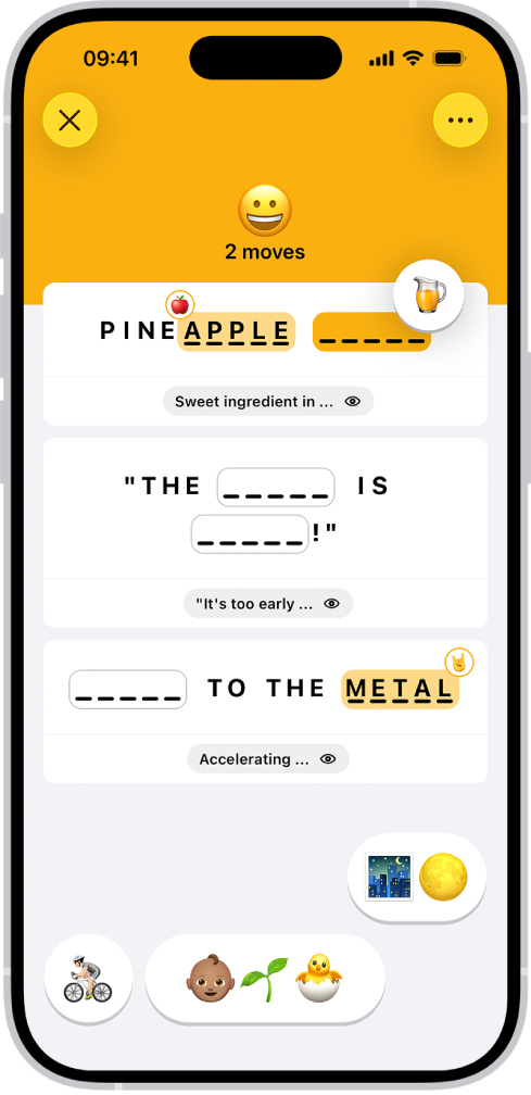 Emoji Game zeigt die Anzahl der Züge, zwei Emojis, die als Antwort platziert wurden, sowie eines, das gerade auf eine unbeantwortete Stelle gesetzt wird.