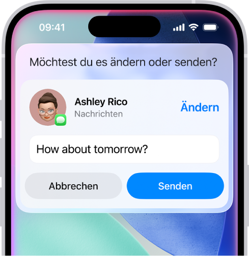 Ein iPhone zeigt eine Antwort von Siri oben auf dem Bildschirm in Form einer sendebereiten Textnachricht.