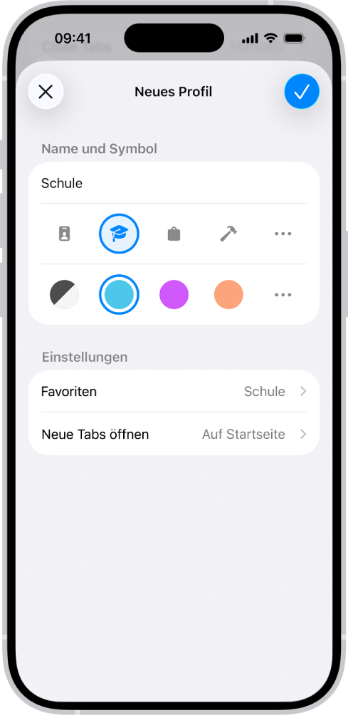 Ein iPhone-Bildschirm zeigt die Konfiguration für ein neues Profil. Zu den Optionen gehören ein Symbol, eine Farbe, ein Lesezeichenordner und die Seite, in der die neuen Tabs geöffnet werden sollen.