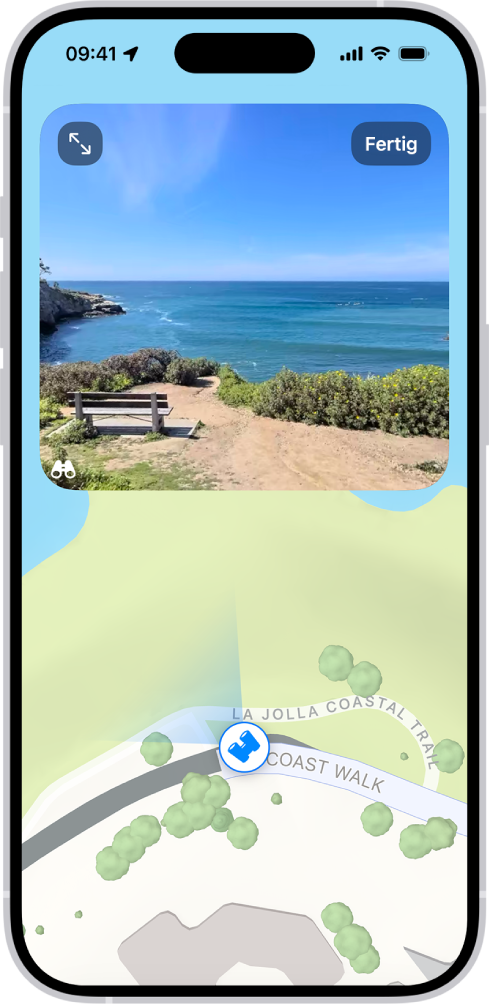 Eine verschiebbare 360°-Panoramaansicht wird über der Karte eines Gebiets, das in der App „Karten“ markiert ist, angezeigt. In Blickrichtung wird das Symbol „Umsehen“ auf den Kartenpunkten überlagert.